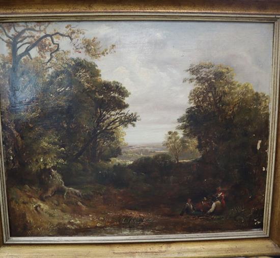 19th century English School, oil on canvas, Figures in a wooded landscape, 42 x 52cm